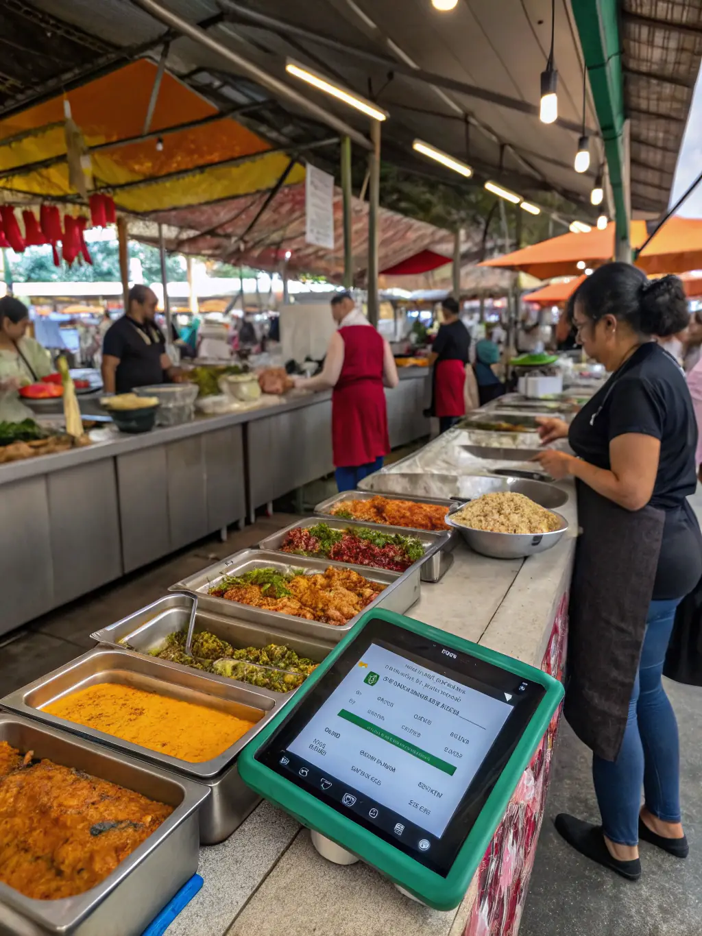A vibrant marketplace scene with a food stall showcasing unique culinary creations, surrounded by happy customers.