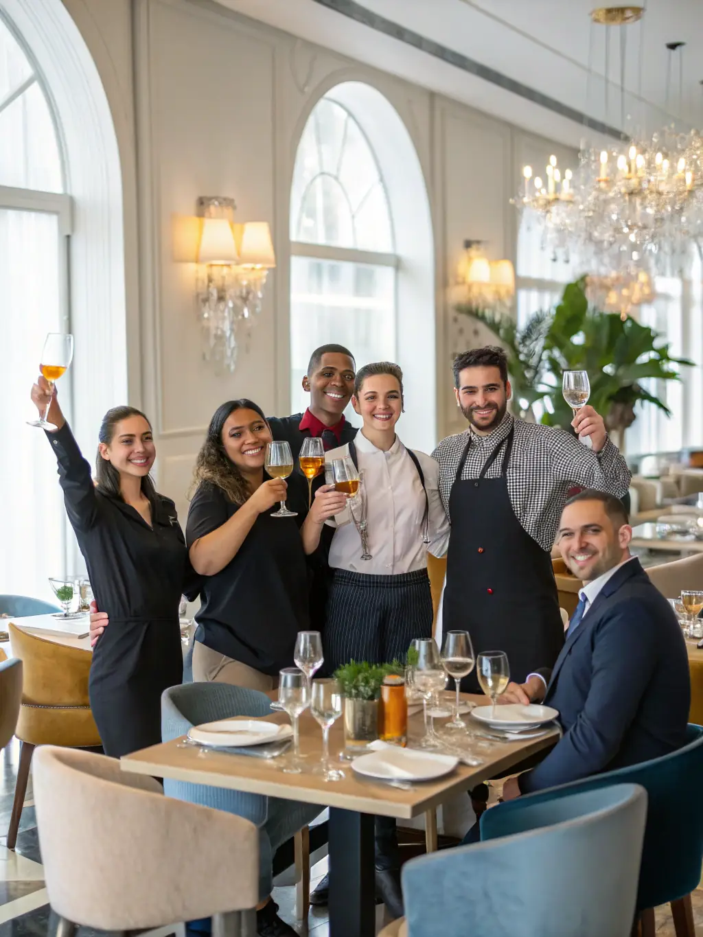 A modern restaurant interior with a diverse team collaborating, led by a confident culinary entrepreneur.