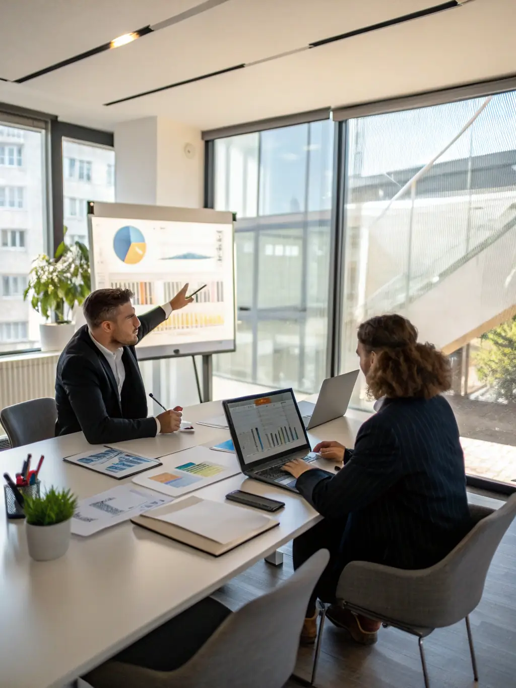 A photograph of a business coach and a culinary entrepreneur collaborating on a marketing plan, emphasizing the importance of strategic marketing.