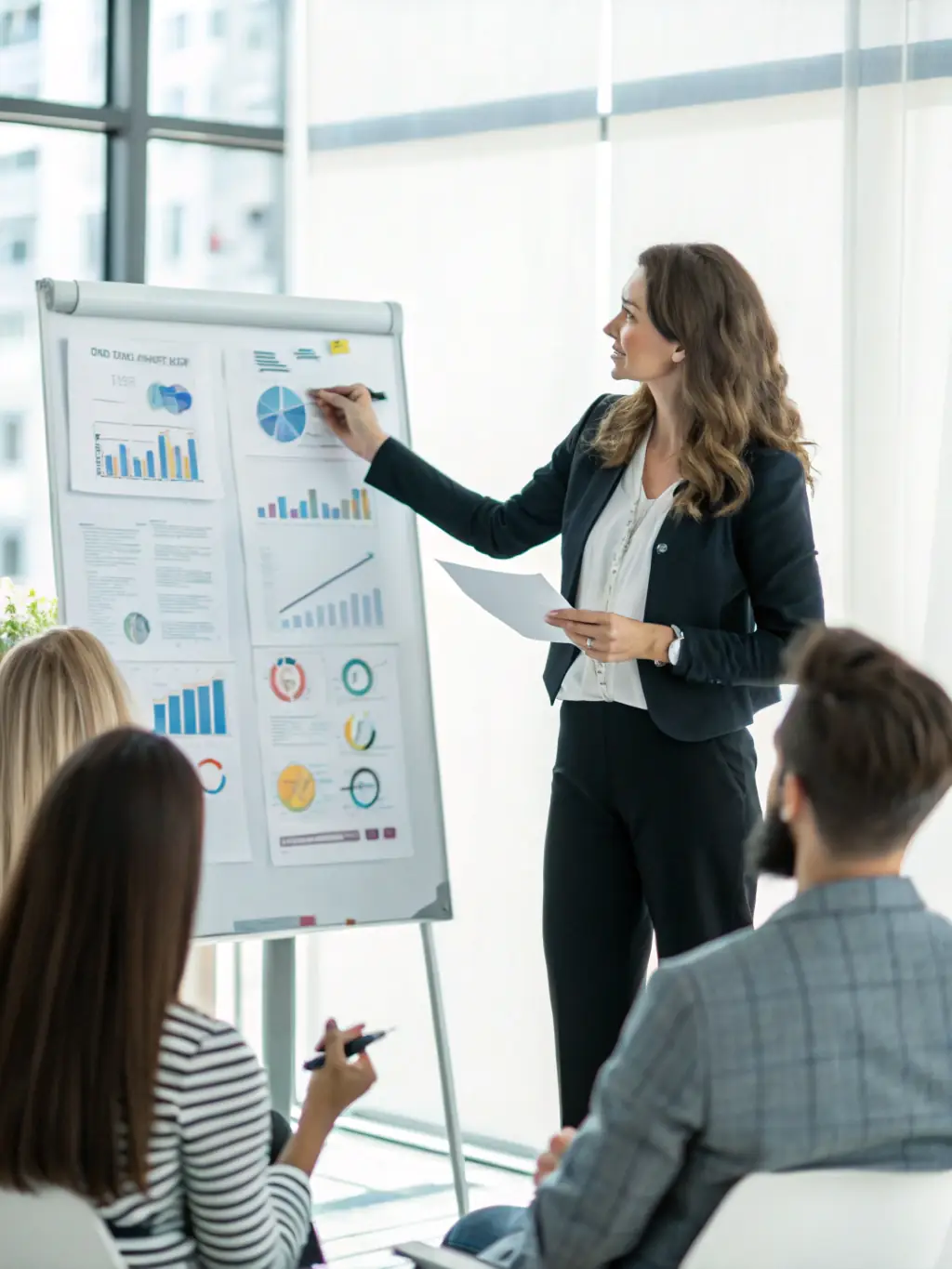 A culinary business owner confidently presenting their business plan to potential investors, with a supportive coach by their side.